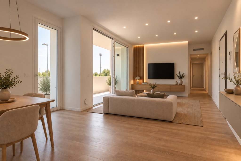 Soggiorno moderno con illuminazione LED e lampada a sospensione in legno