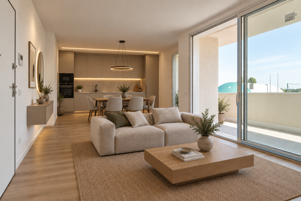 Soggiorno moderno con illuminazione LED e lampada a sospensione