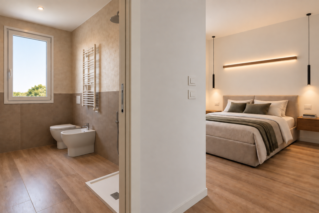 Camera e bagno moderno con illuminazione LED