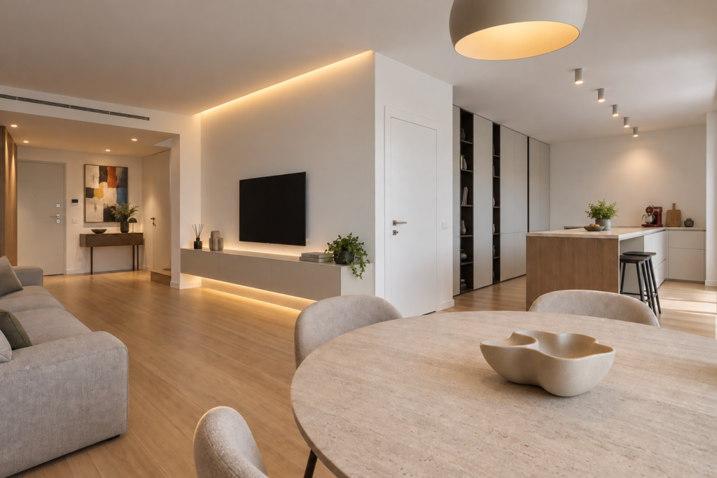 Appartamento attico moderno luce indiretta e cucina con faretti