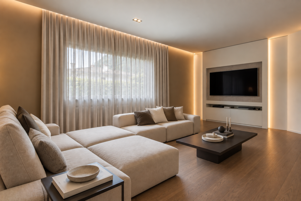 Soggiorno listoni legno, luce indiretta mobile tv