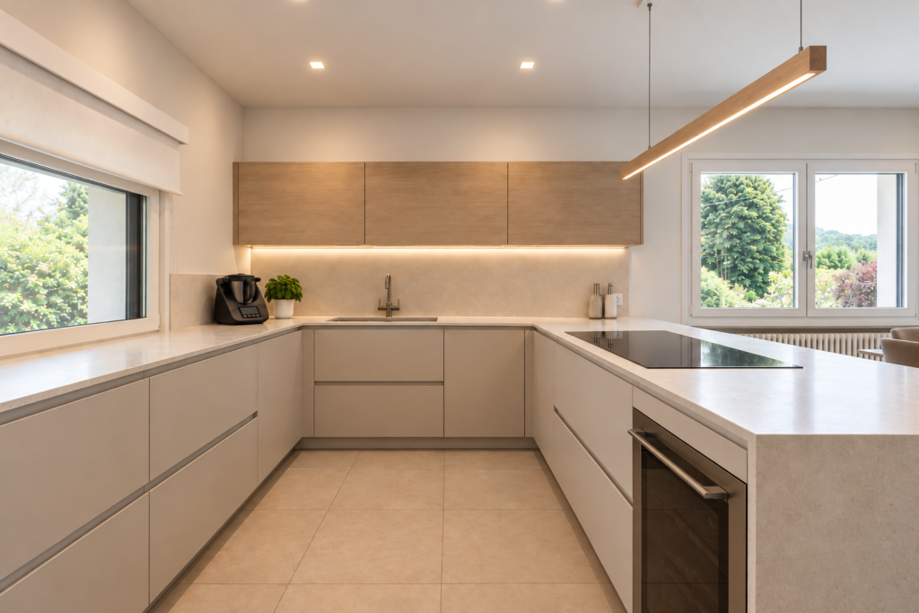 Cucina moderna toni chiari faretti incasso