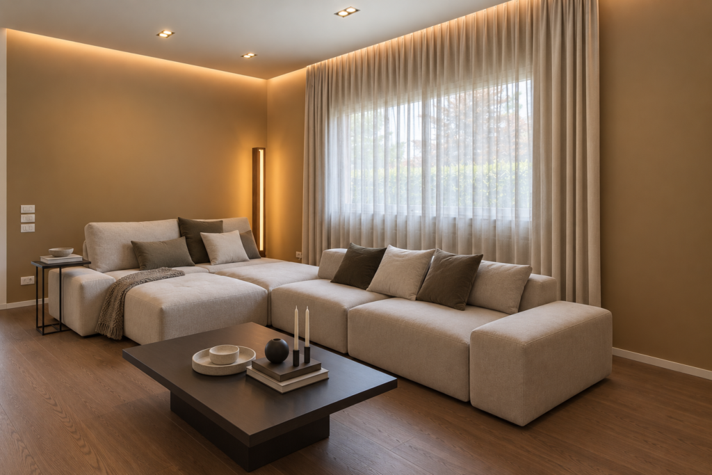 Soggiorno listoni legno, luce indiretta mobile tv