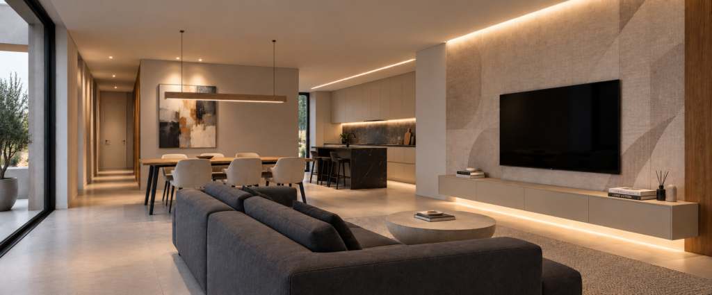 Soggiorno moderno illuminazione indiretto e cucina design marmo