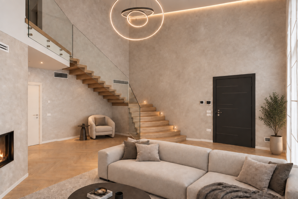 Soggiorno moderno con scala a vista e illuminazione decorativa