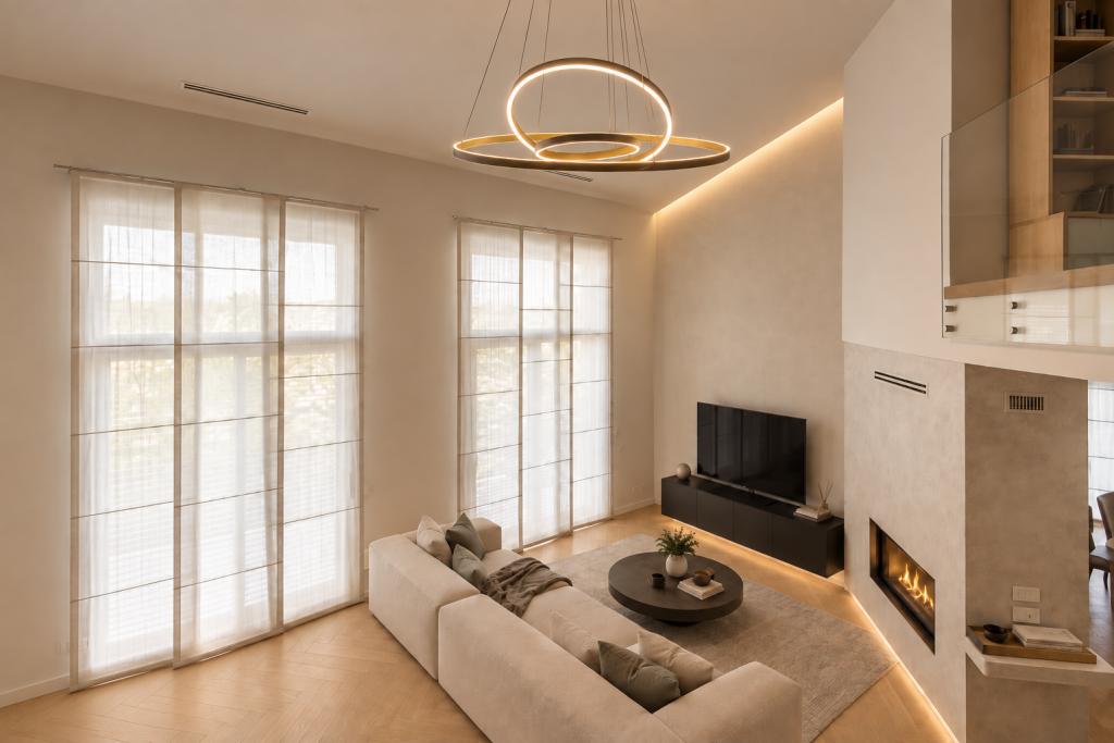 Soggiorno moderno con scala a vista e illuminazione decorativa
