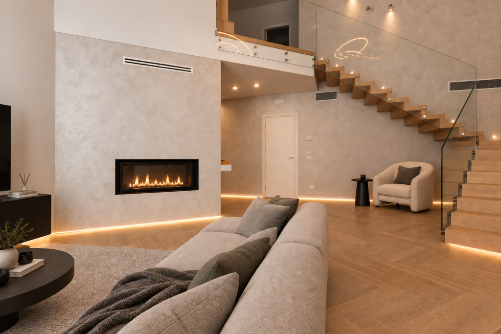 Soggiorno moderno con scala a vista e illuminazione decorativa