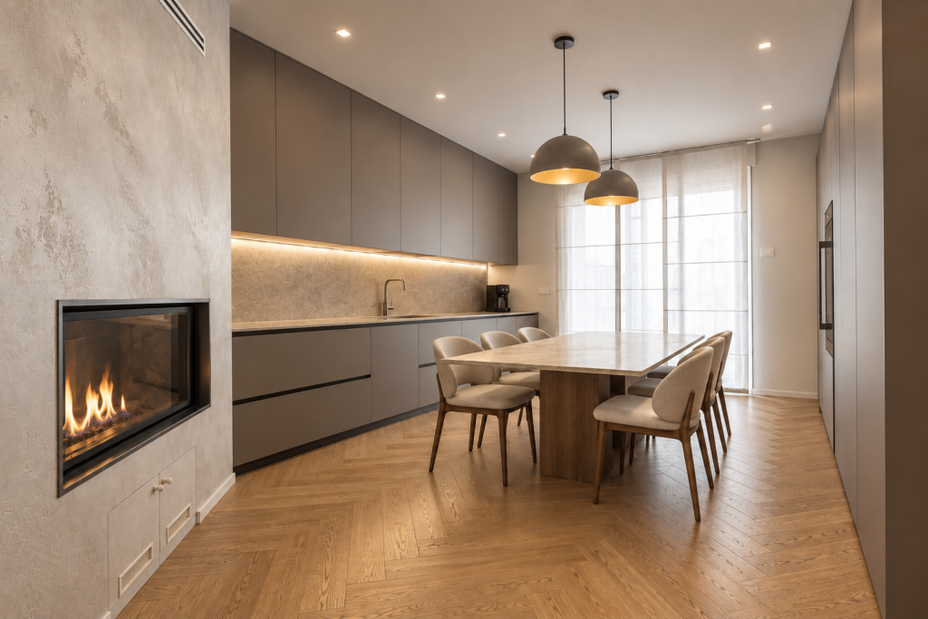 Zona pranzo moderna con lampade sospese e illuminazione LED
