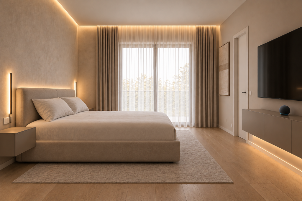 Camera da letto padronale moderna con illuminazione LED indiretta