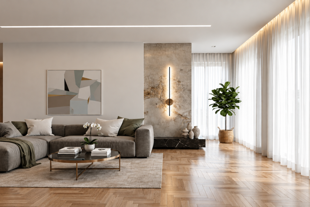 Soggiorno di villa moderna con illuminazione LED e arredi contemporanei