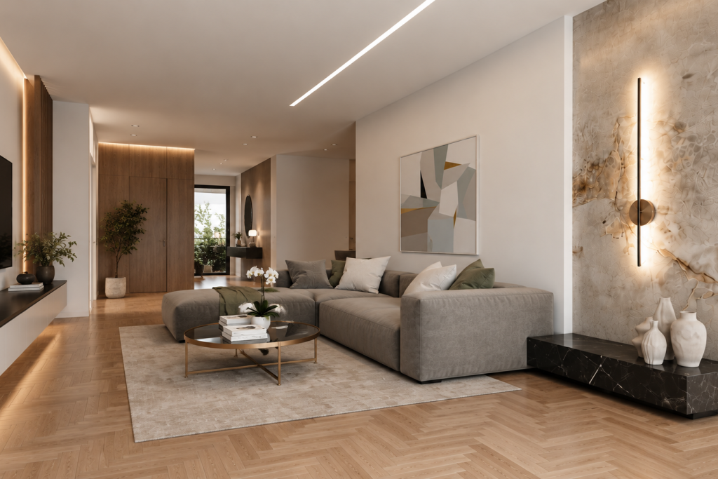 Soggiorno di villa moderna con illuminazione LED e arredi contemporanei