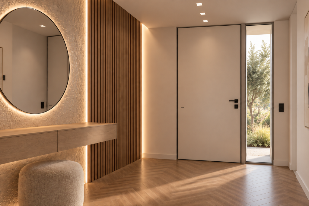 Ingresso di villa moderna con illuminazione LED e arredi contemporanei