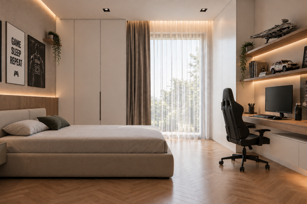 Camera di villa moderna con illuminazione LED e arredi contemporanei